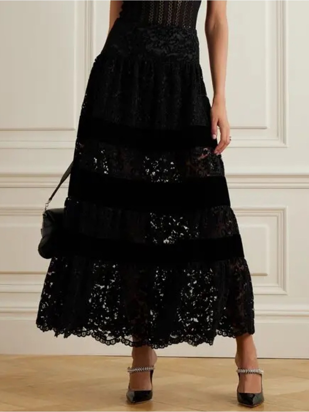LORETTA CAPONI Edmee Scalloped Velvet-Trimmed Corded Lace Maxi Skirt Black Med